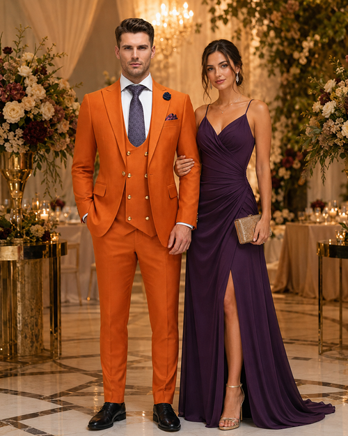 Rossiman Men’s Rust Slim Fit Suit - 3-Piece Set with Double-Breasted Vest & Flat Front Pants - Italian Tailored Luxury USA Men's Outlet