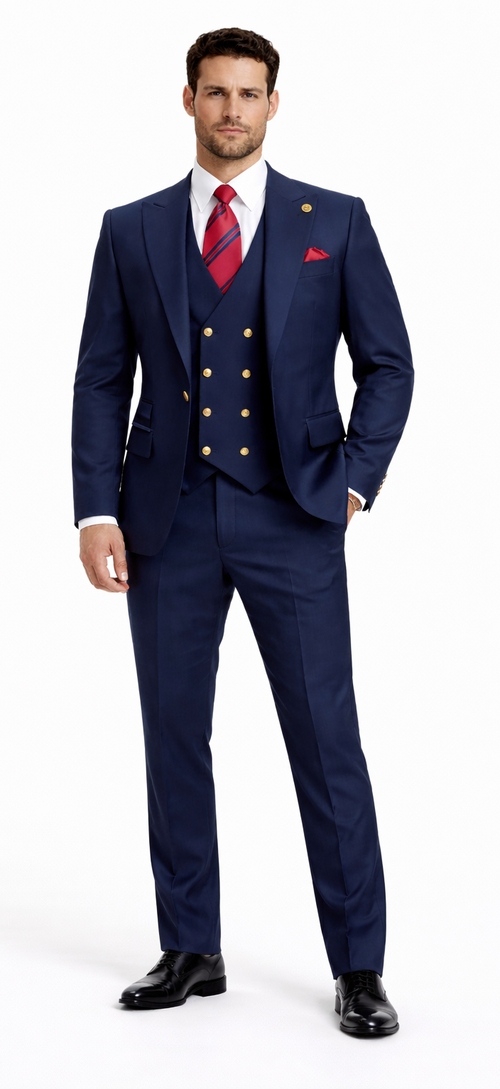 Rossiman Men’s Navy Blue Suit - Classic 1-Button Peak Lapel Jacket with Double-Breasted Vest by USA Men's Outlet