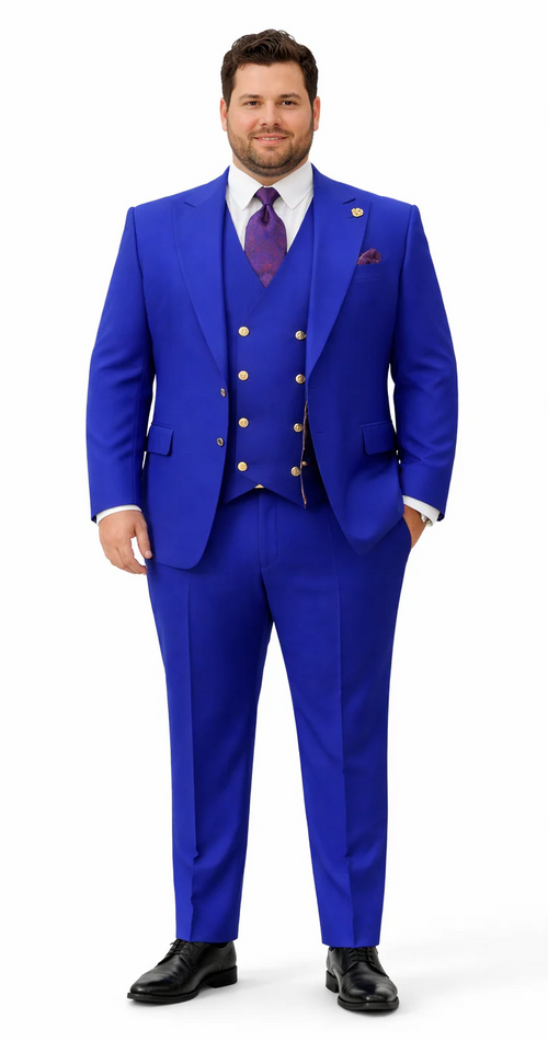 Rossiman Royal Blue Suit for Men - Classic 1-Button Peak Lapel Jacket & Double-Breasted Vest - Italian Tailored 3-Piece Luxury Suit USA Men's Outlet