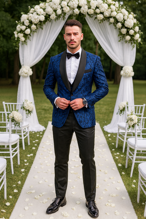 Royal Blue Floral Tuxedo with Shawl Lapel β 4 Piece Slim Fit Set