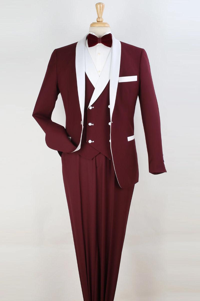 "Royal Diamond One-Button Tuxedo Shawl Vest - Double Breasted Burgundy & White" - USA Men's Outlet β SuitUSA