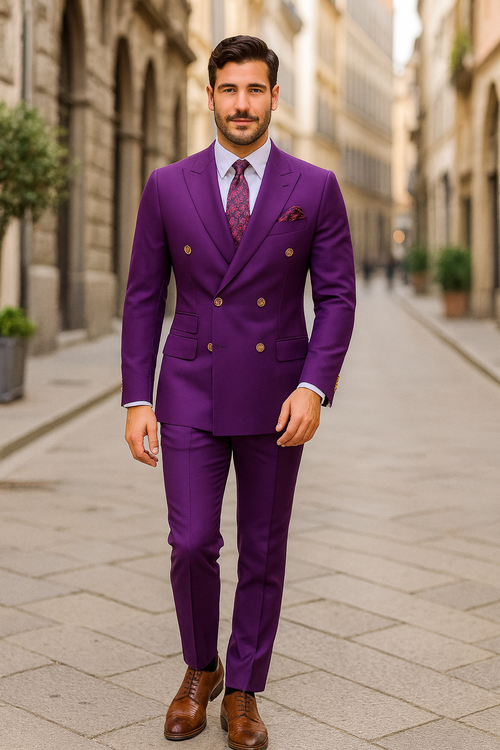 Mens Double Breasted Wool Suit Purple by Alberto Nardoni