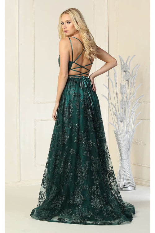 Royal Queen RQ7738 V Neck Floral Applique Thigh High Slit Prom Dress