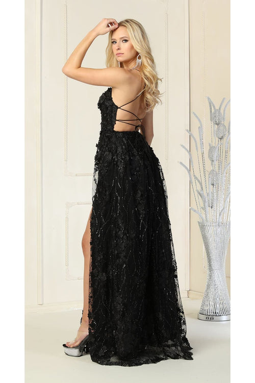 Royal Queen RQ7738 V Neck Floral Applique Thigh High Slit Prom Dress