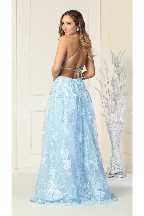 Royal Queen RQ7738 V Neck Floral Applique Thigh High Slit Prom Dress