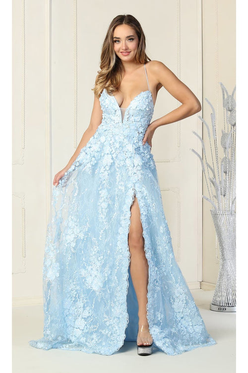 Royal Queen RQ7738 V Neck Floral Applique Thigh High Slit Prom Dress