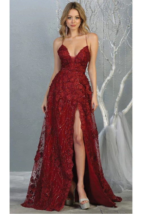 Royal Queen RQ7738 V Neck Floral Applique Thigh High Slit Prom Dress