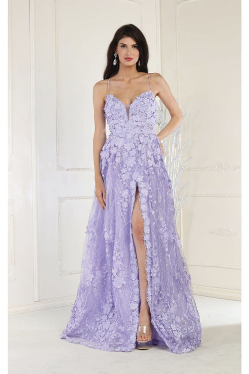 Royal Queen RQ7738 V Neck Floral Applique Thigh High Slit Prom Dress