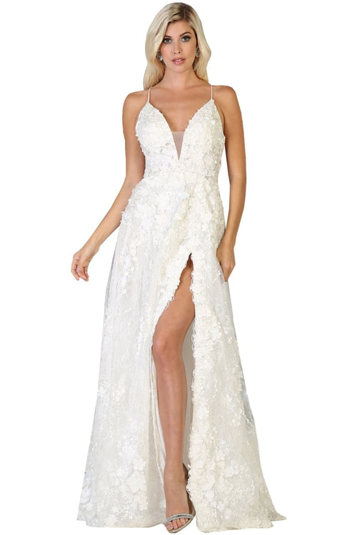 Royal Queen RQ7738 V Neck Floral Applique Thigh High Slit Prom Dress
