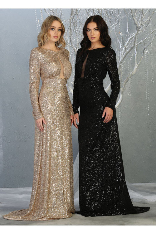 Long Sleeve Stretchy Red Carpet Sequin Formal Dress