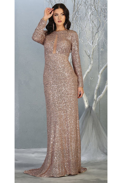 Long Sleeve Stretchy Red Carpet Sequin Formal Dress