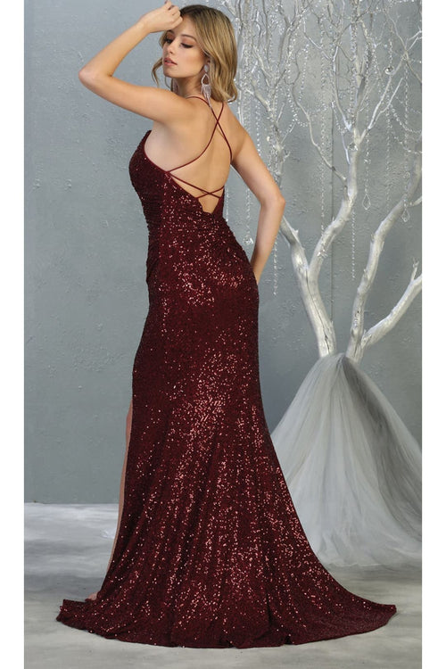 Royal Queen RQ7852 Sequined V Neck High Slit Open Back Long Prom Dress