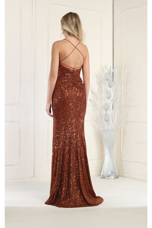 Royal Queen RQ7852 Sequined V Neck High Slit Open Back Long Prom Dress