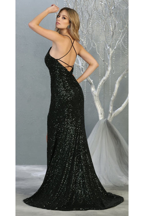 Royal Queen RQ7852 Sequined V Neck High Slit Open Back Long Prom Dress