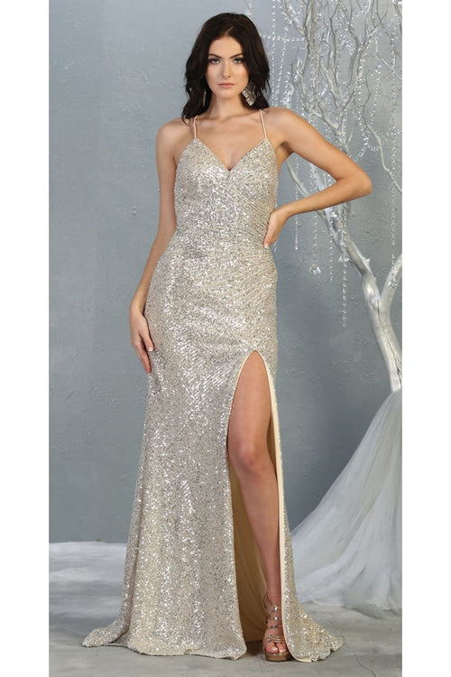 Royal Queen RQ7852 Sequined V Neck High Slit Open Back Long Prom Dress