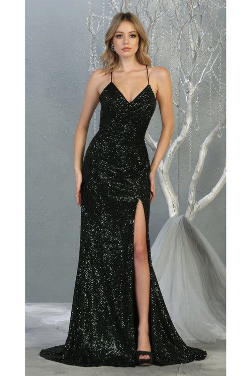Royal Queen RQ7852 Sequined V Neck High Slit Open Back Long Prom Dress
