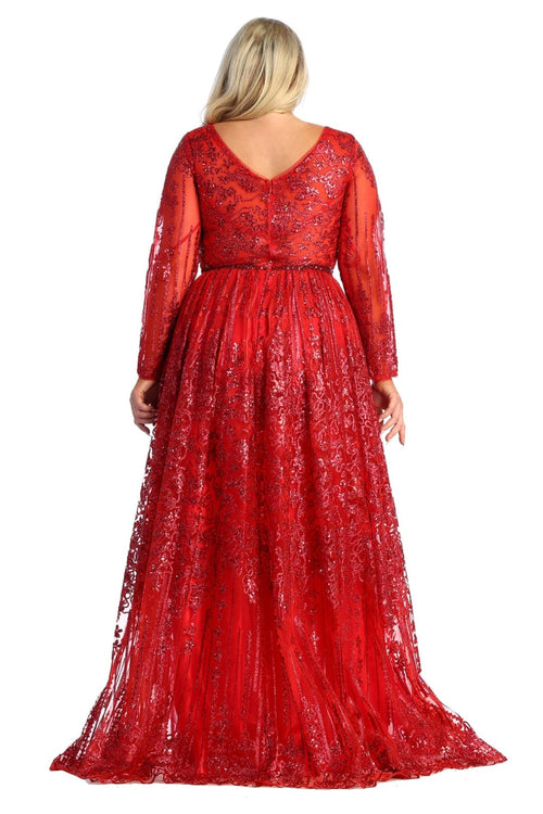 Glitter Floor Sweeping Prom Dress Long Sleeve V-neck Evening Gown