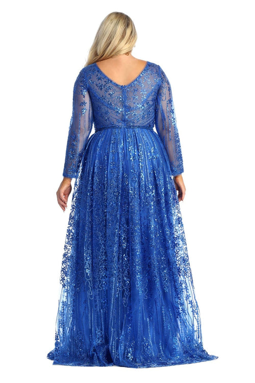Glitter Floor Sweeping Prom Dress Long Sleeve V-neck Evening Gown