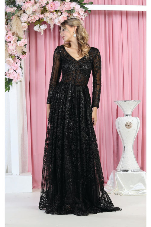 Glitter Floor Sweeping Prom Dress Long Sleeve V-neck Evening Gown