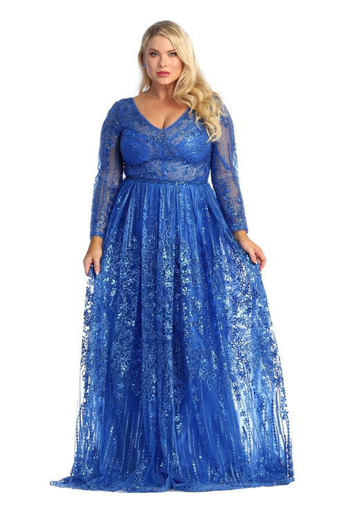Glitter Floor Sweeping Prom Dress Long Sleeve V-neck Evening Gown