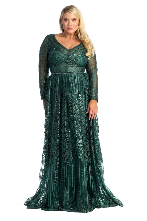 Glitter Floor Sweeping Prom Dress Long Sleeve V-neck Evening Gown