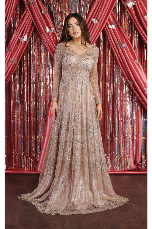 Glitter Floor Sweeping Prom Dress Long Sleeve V-neck Evening Gown