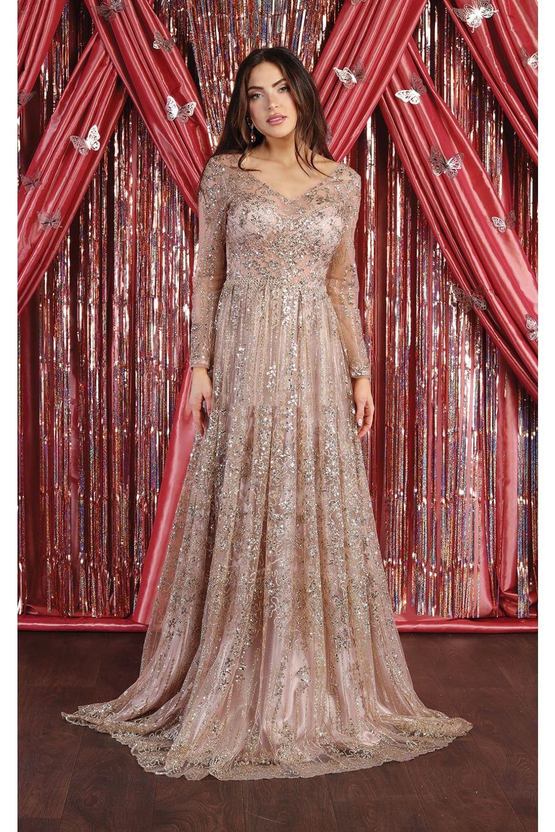 Glitter Floor Sweeping Prom Dress Long Sleeve V-neck Evening Gown