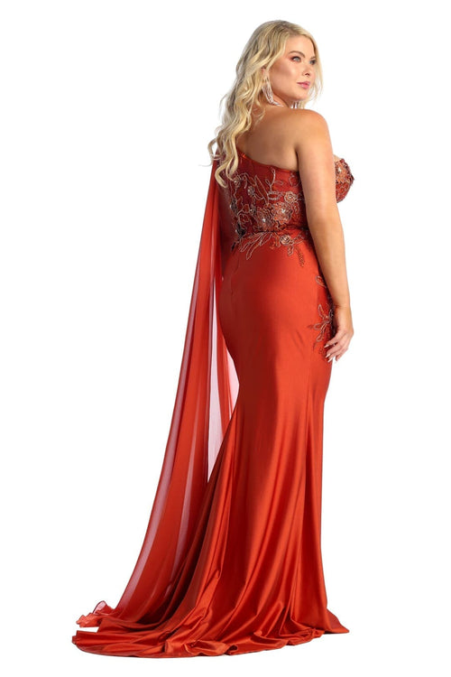 Royal Queen RQ7943 Long Embroidered One Shoulder Prom Dress With Cape