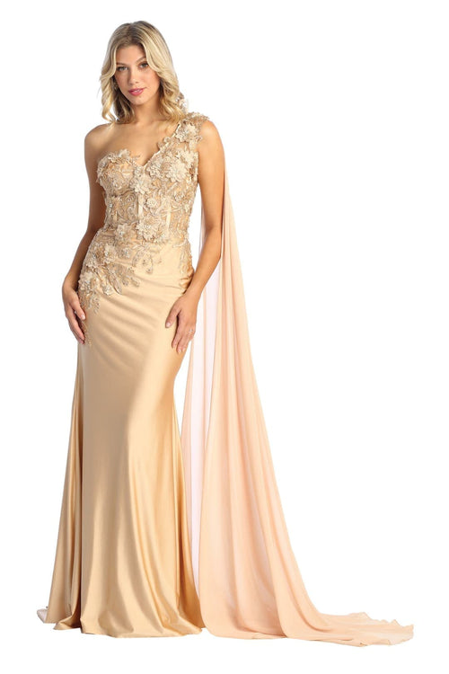 Royal Queen RQ7943 Long Embroidered One Shoulder Prom Dress With Cape