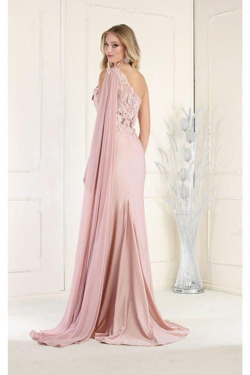 Royal Queen RQ7943 Long Embroidered One Shoulder Prom Dress With Cape