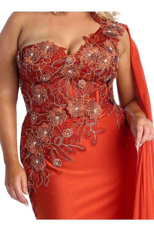 Royal Queen RQ7943 Long Embroidered One Shoulder Prom Dress With Cape