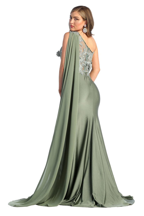 Royal Queen RQ7943 Long Embroidered One Shoulder Prom Dress With Cape
