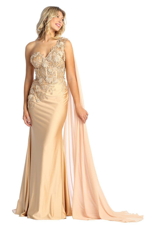 Royal Queen RQ7943 Long Embroidered One Shoulder Prom Dress With Cape