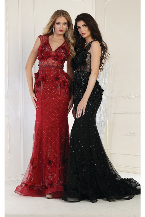 Royal Queen RQ7951 V-Neck 3D Floral Evening Dress
