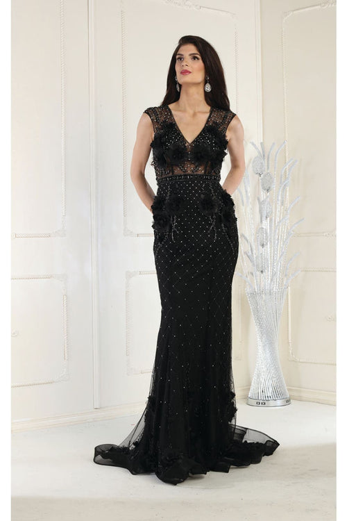 Royal Queen RQ7951 V-Neck 3D Floral Evening Dress