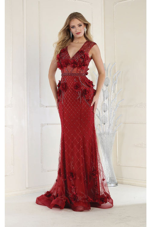 Royal Queen RQ7951 V-Neck 3D Floral Evening Dress
