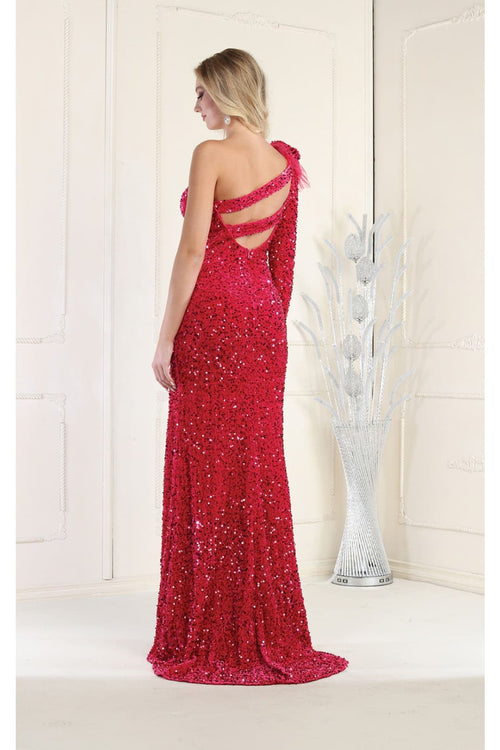Royal Queen RQ7970 Asymmetrical One Long Sleeve Sequin Prom Gown