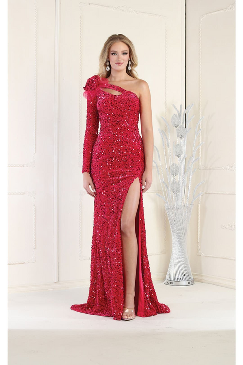 Royal Queen RQ7970 Asymmetrical One Long Sleeve Sequin Prom Gown