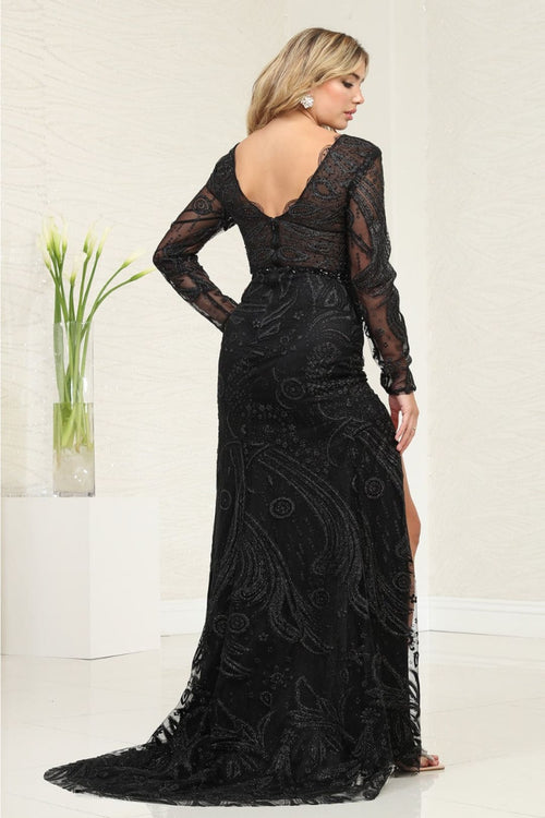 Royal Queen RQ7972 Long Sleeve Embellished V-Neck Glitter Prom Dress