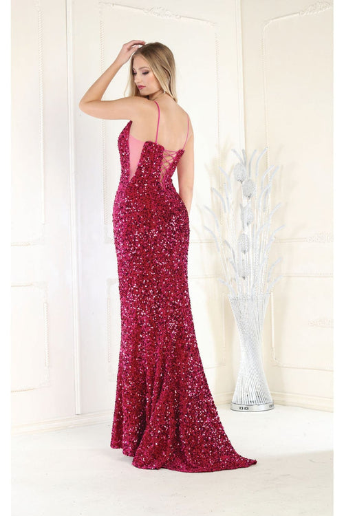 Royal Queen RQ7987 Corset Back Sheath Long Sequin Red Carpet Prom Gown