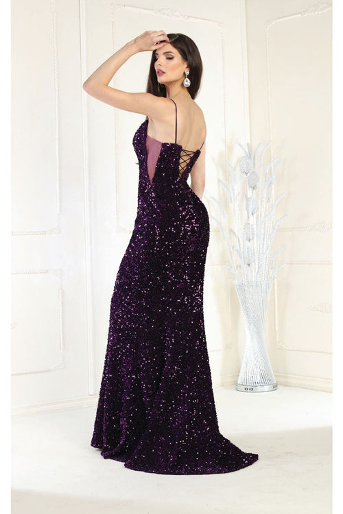 Royal Queen RQ7987 Corset Back Sheath Long Sequin Red Carpet Prom Gown