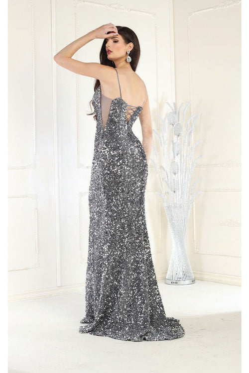 Royal Queen RQ7987 Corset Back Sheath Long Sequin Red Carpet Prom Gown