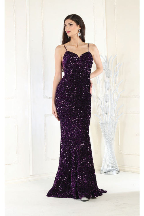 Royal Queen RQ7987 Corset Back Sheath Long Sequin Red Carpet Prom Gown