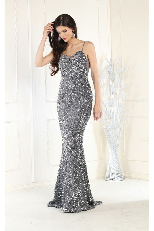 Royal Queen RQ7987 Corset Back Sheath Long Sequin Red Carpet Prom Gown