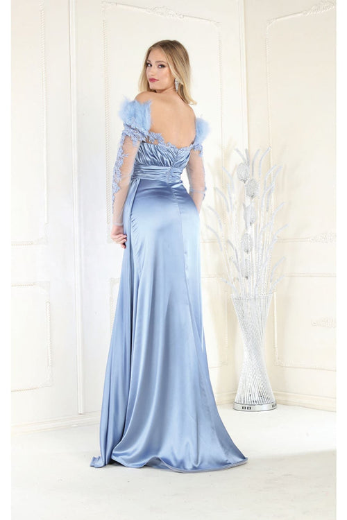 Off The Shoulder Long Sleeve Satin Evening Gown