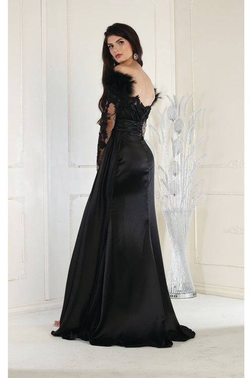 Off The Shoulder Long Sleeve Satin Evening Gown