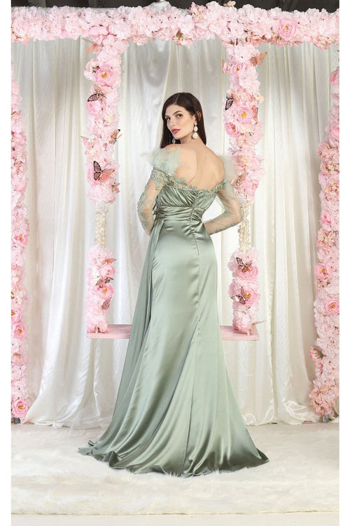 Off The Shoulder Long Sleeve Satin Evening Gown