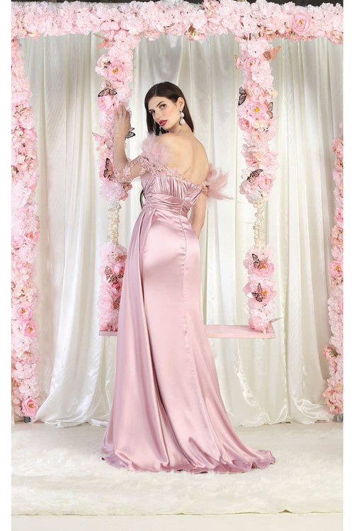 Off The Shoulder Long Sleeve Satin Evening Gown