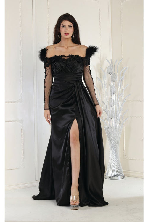 Off The Shoulder Long Sleeve Satin Evening Gown