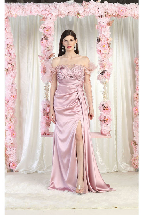Off The Shoulder Long Sleeve Satin Evening Gown